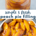 Two-photo collage of peach pie filling in a jar and cooking in a saucepan.