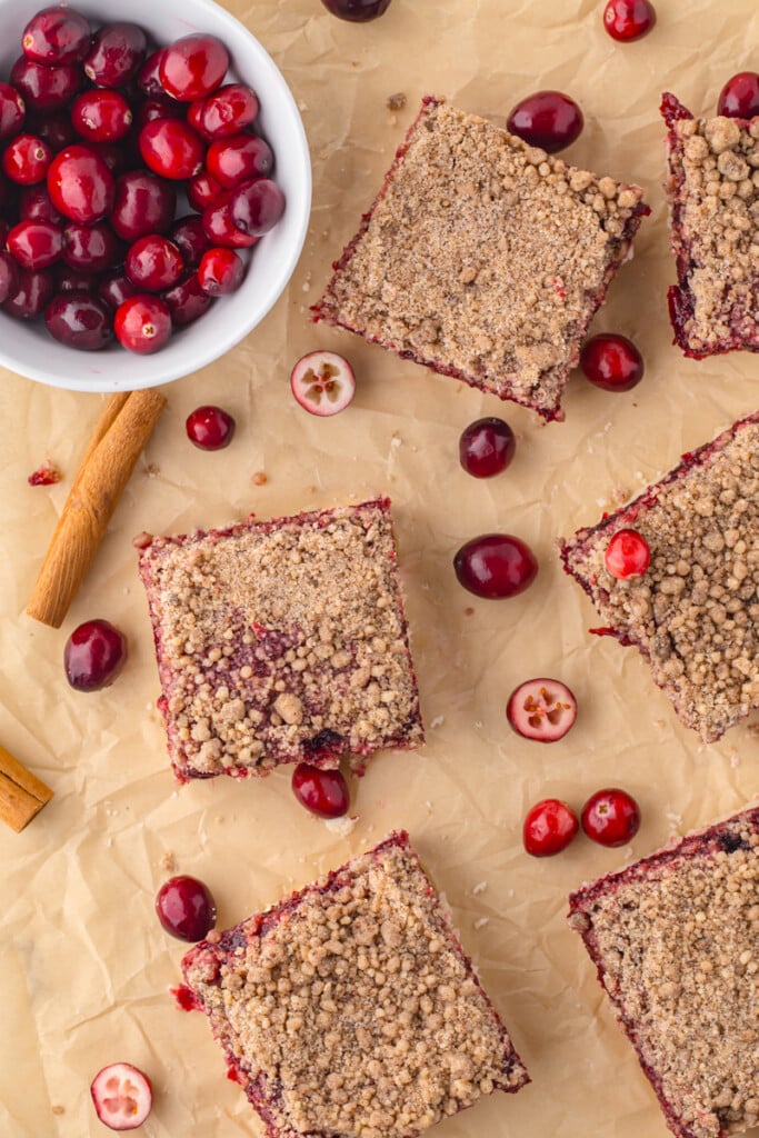 Overhead view of cranberry dessert bars on a brown countertop. Fresh cranberries and whole cinnamon sticks are scattered around on the counter